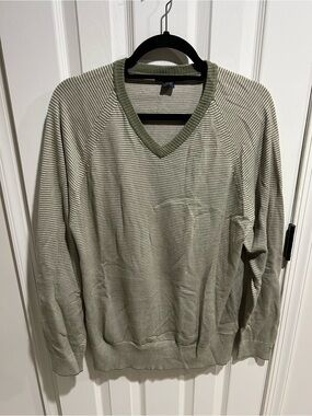 French Connection Men's V-Neck Striped Sweater - Olive & Beige